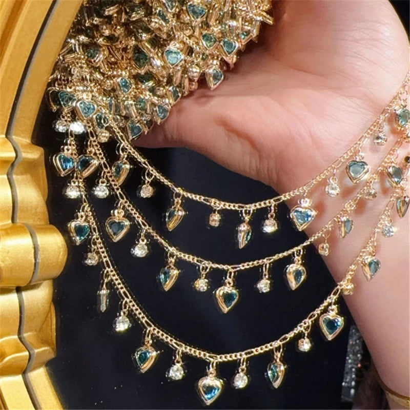 1 Meter New Gold Plated Heart Blue Crystal Beads Link Chains For DIY Jewelry Making No Fade Chain Garment Crafts Accessories