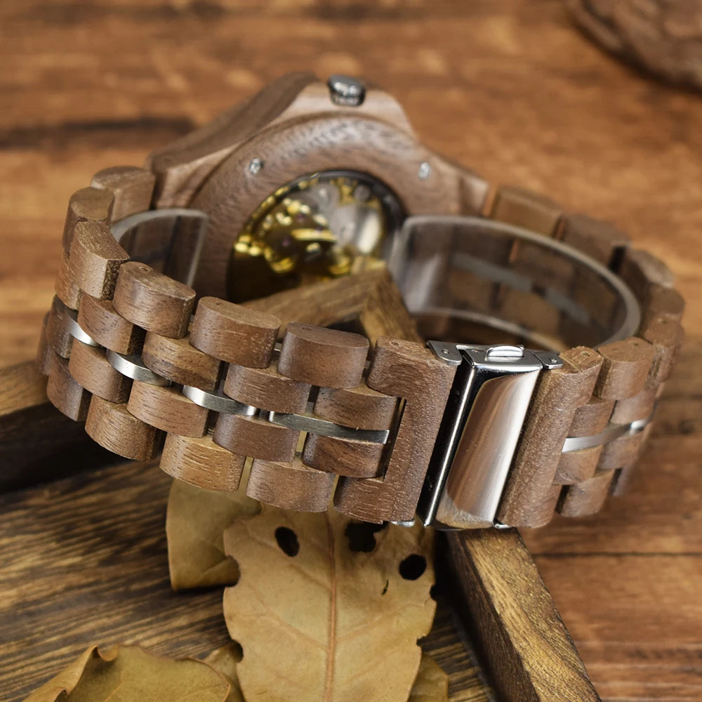 Classic Mechanical Wooden Watches for Men Skeleton Automatic Self-Winding Lightweight Men's Wood Wristwatch