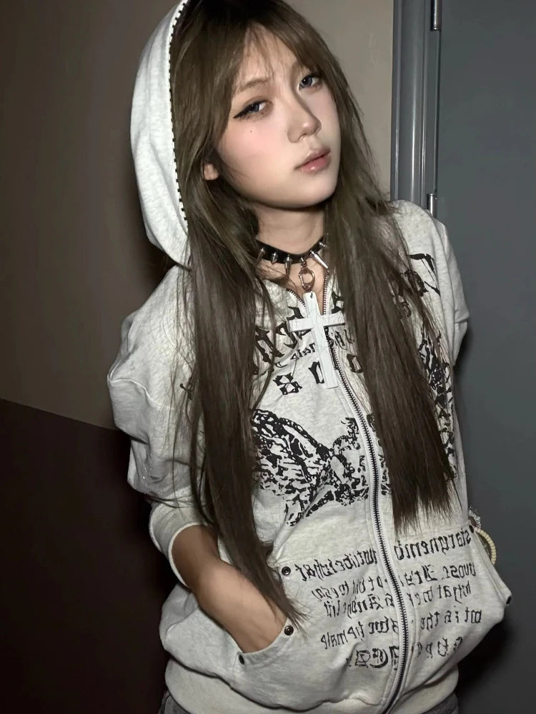 Faux Fur American Vintage Coats with Hooded Women's Y2K Sweatshirts Gothic Harajuku Subculture Punk Emo Sweatshirts and Jacket