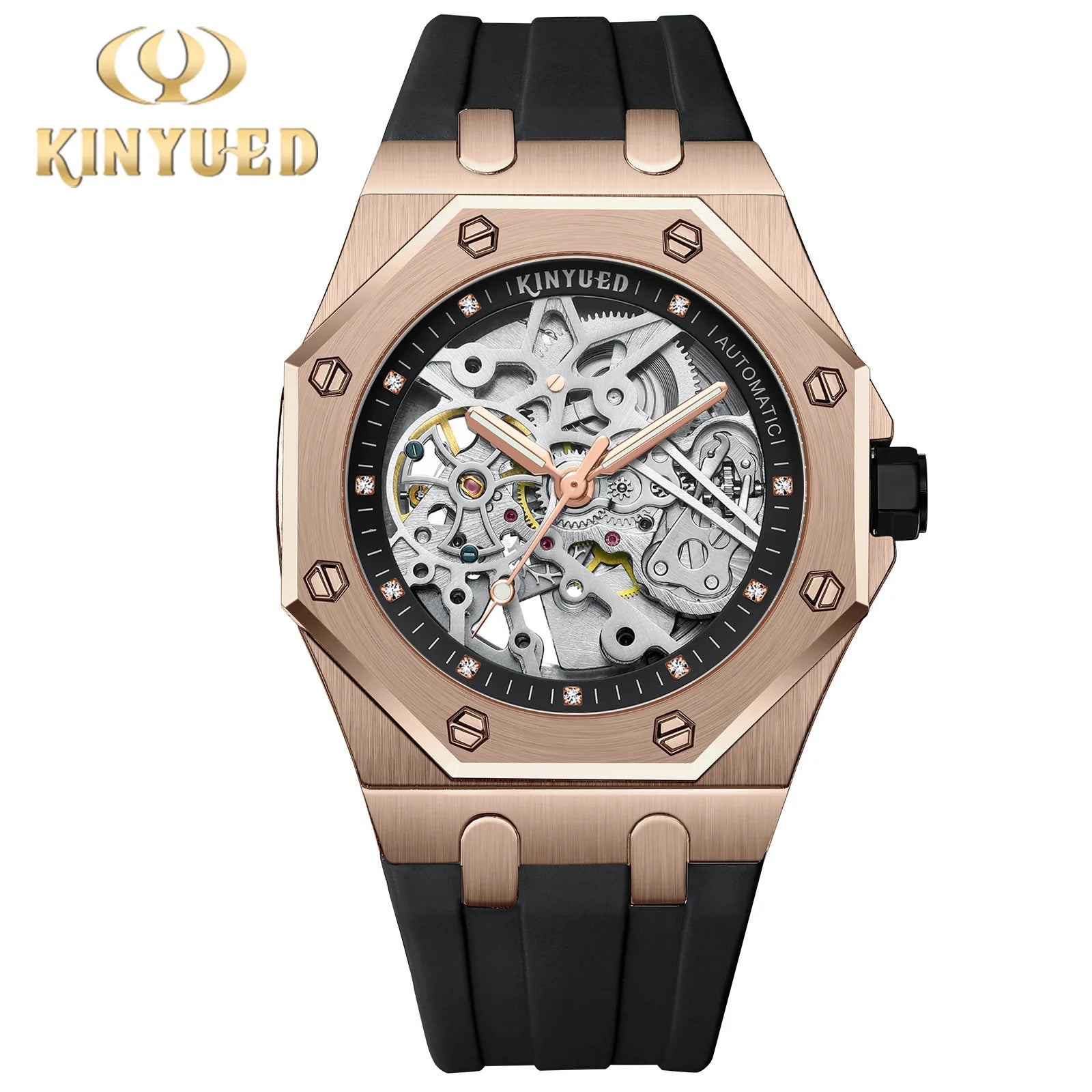 KINYUED Fashion Skeleton Mechanical Watch Top Brand Luxury Men's Steampunk Transparent Hollow Automatic Watch Relogio Masculino