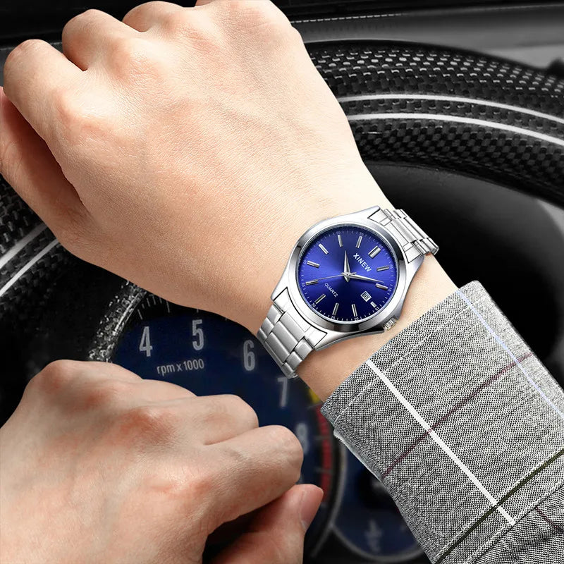 Genuine XINEW Brand Men Watches Students Fashion Casual Full Stainless Steel Band Simple Date Quartz Wrist Vintage Watch Silver