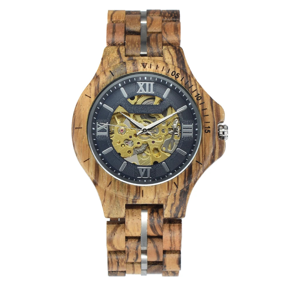 Classic Mechanical Wooden Watches for Men Skeleton Automatic Self-Winding Lightweight Men's Wood Wristwatch