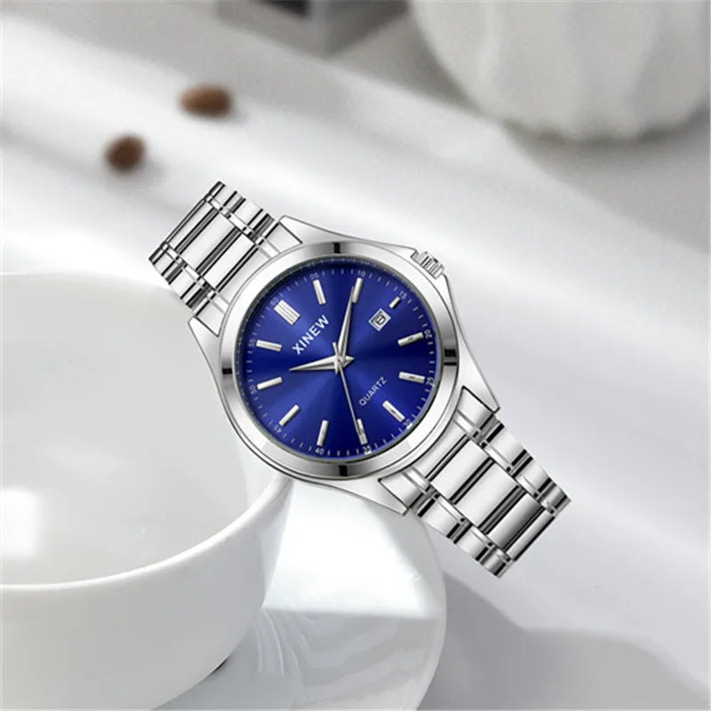 Genuine XINEW Brand Men Watches Students Fashion Casual Full Stainless Steel Band Simple Date Quartz Wrist Vintage Watch Silver