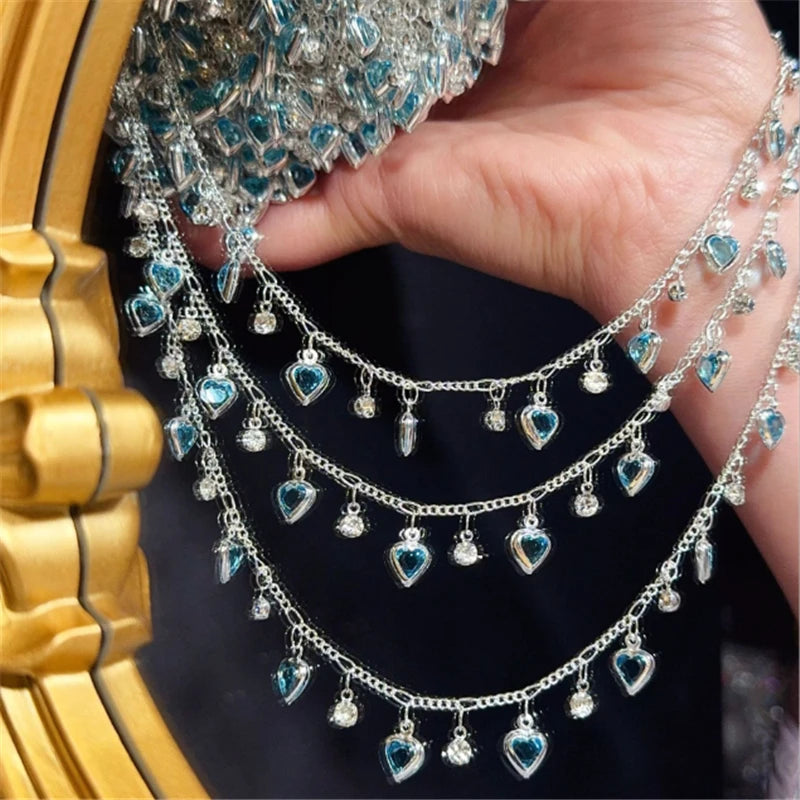 1 Meter New Gold Plated Heart Blue Crystal Beads Link Chains For DIY Jewelry Making No Fade Chain Garment Crafts Accessories