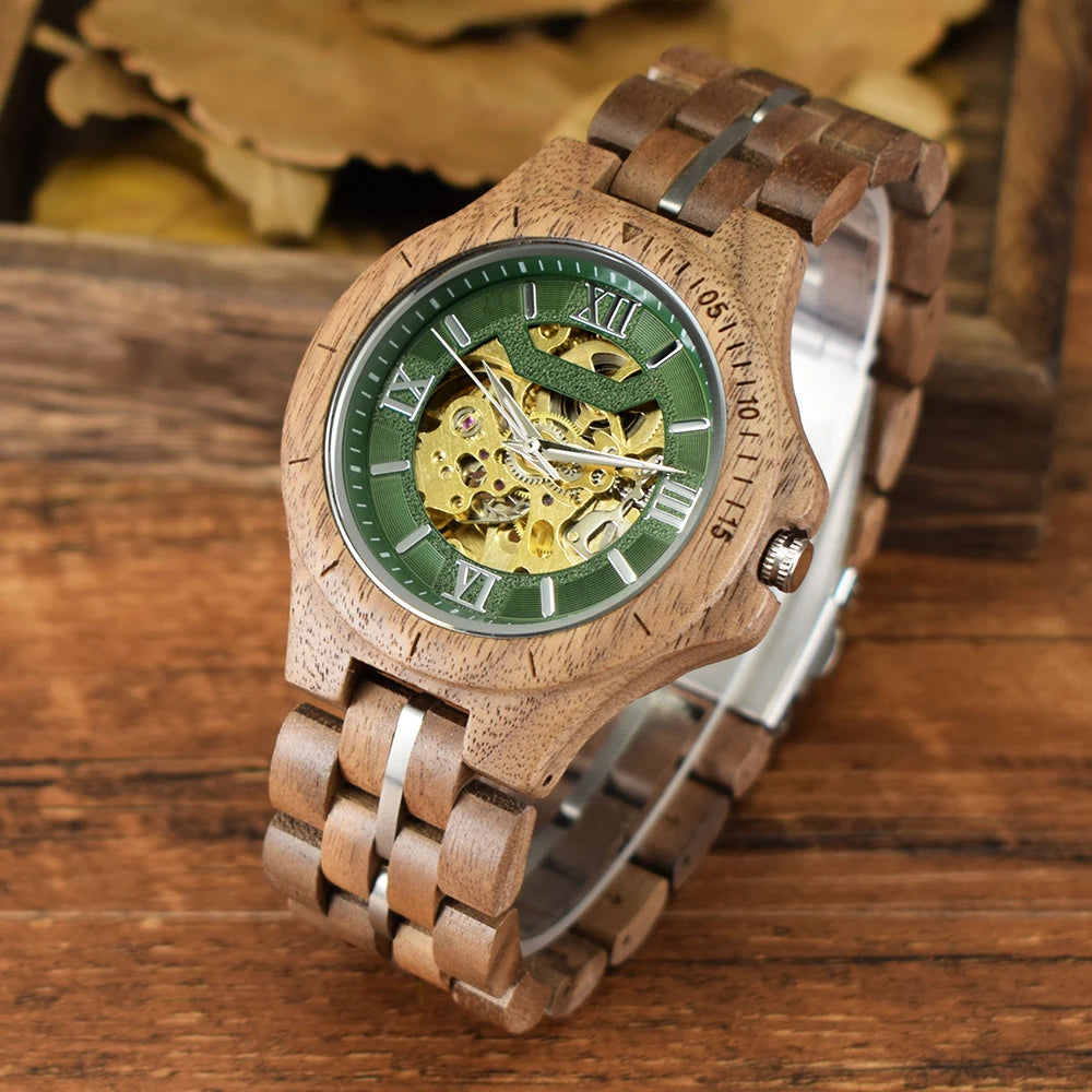 Classic Mechanical Wooden Watches for Men Skeleton Automatic Self-Winding Lightweight Men's Wood Wristwatch