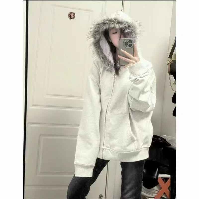 Faux Fur American Vintage Coats with Hooded Women's Y2K Sweatshirts Gothic Harajuku Subculture Punk Emo Sweatshirts and Jacket
