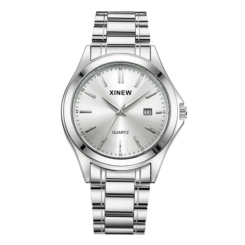 Genuine XINEW Brand Men Watches Students Fashion Casual Full Stainless Steel Band Simple Date Quartz Wrist Vintage Watch Silver