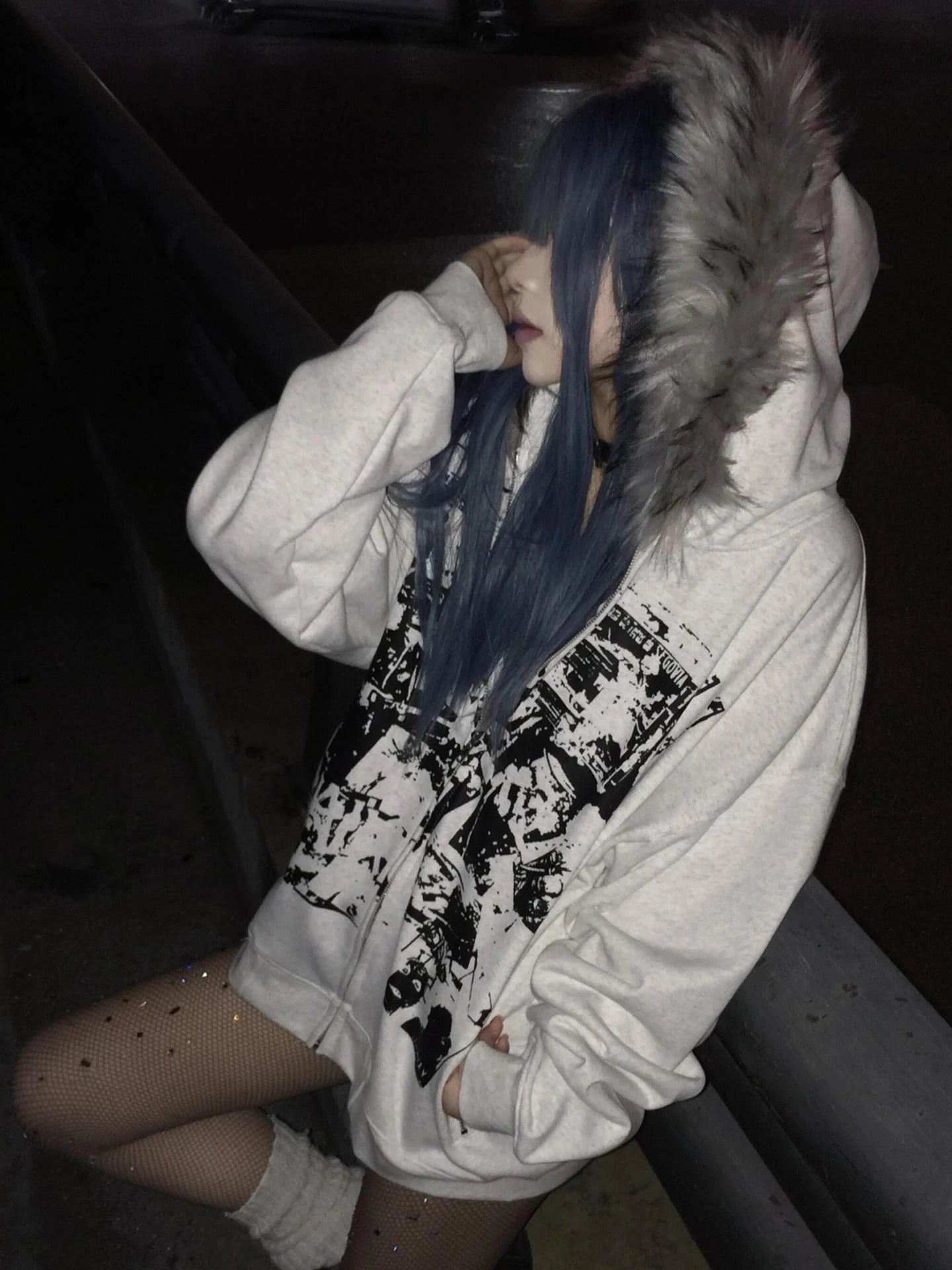 Faux Fur American Vintage Coats with Hooded Women's Y2K Sweatshirts Gothic Harajuku Subculture Punk Emo Sweatshirts and Jacket