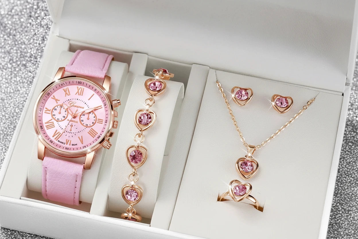 5/6PCS Fashion Women's Quartz Watch Leather Band Analog Wrist Watches Heart Rhinestone Jewelry Set(Without Box)