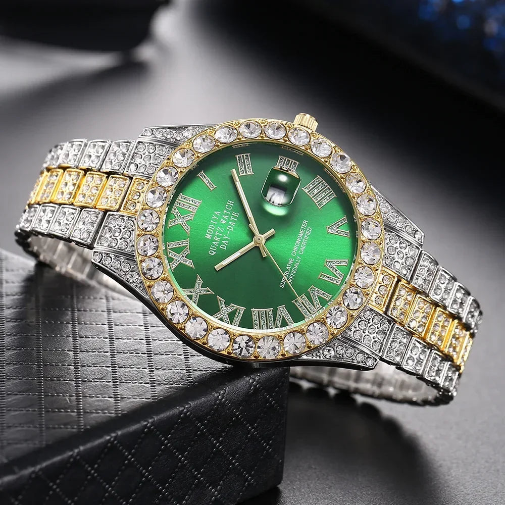 Hot Sale Diamond Bling Watch Men Gold Color Luxury Gift Quartz Watches Male Clock Dropshipping  Rhinestone Calendar Wristwatch