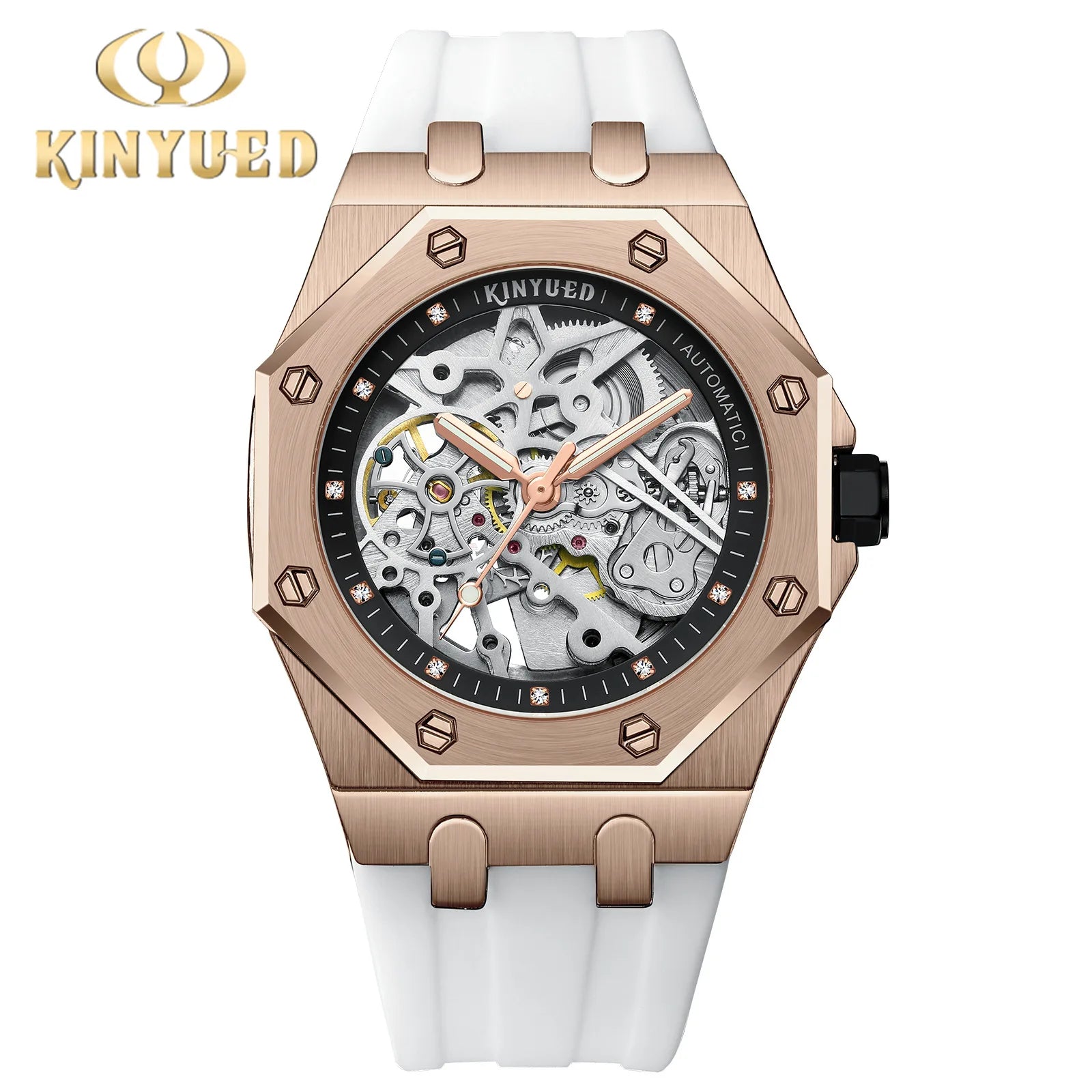 KINYUED Fashion Skeleton Mechanical Watch Top Brand Luxury Men's Steampunk Transparent Hollow Automatic Watch Relogio Masculino