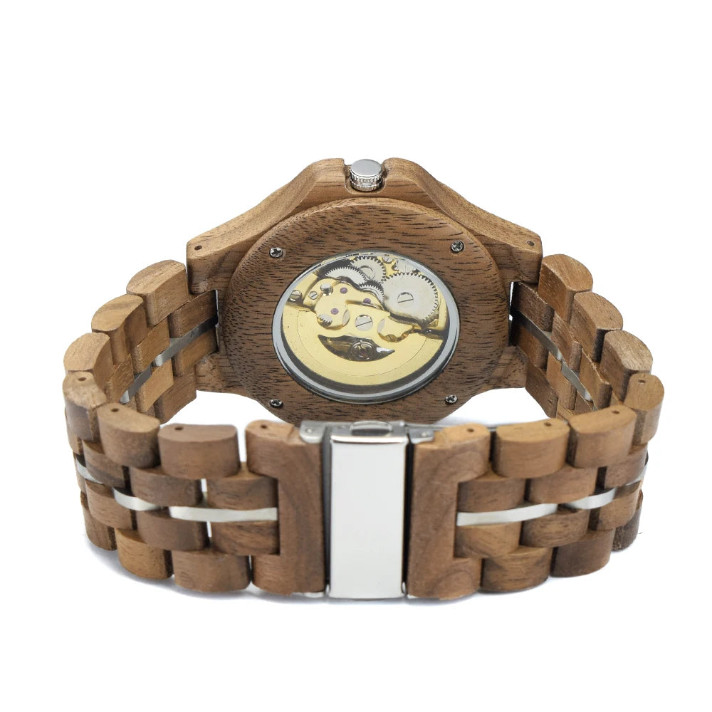 Classic Mechanical Wooden Watches for Men Skeleton Automatic Self-Winding Lightweight Men's Wood Wristwatch