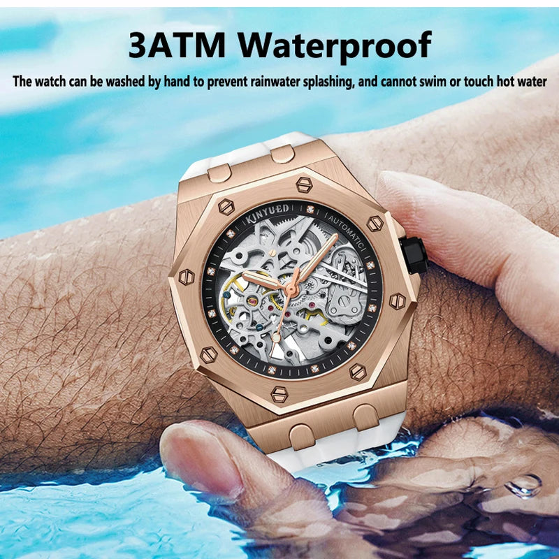 KINYUED Fashion Skeleton Mechanical Watch Top Brand Luxury Men's Steampunk Transparent Hollow Automatic Watch Relogio Masculino