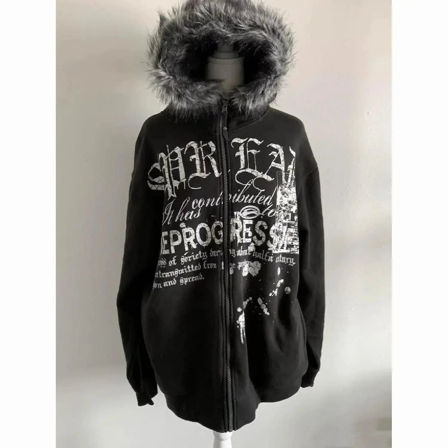 Faux Fur American Vintage Coats with Hooded Women's Y2K Sweatshirts Gothic Harajuku Subculture Punk Emo Sweatshirts and Jacket